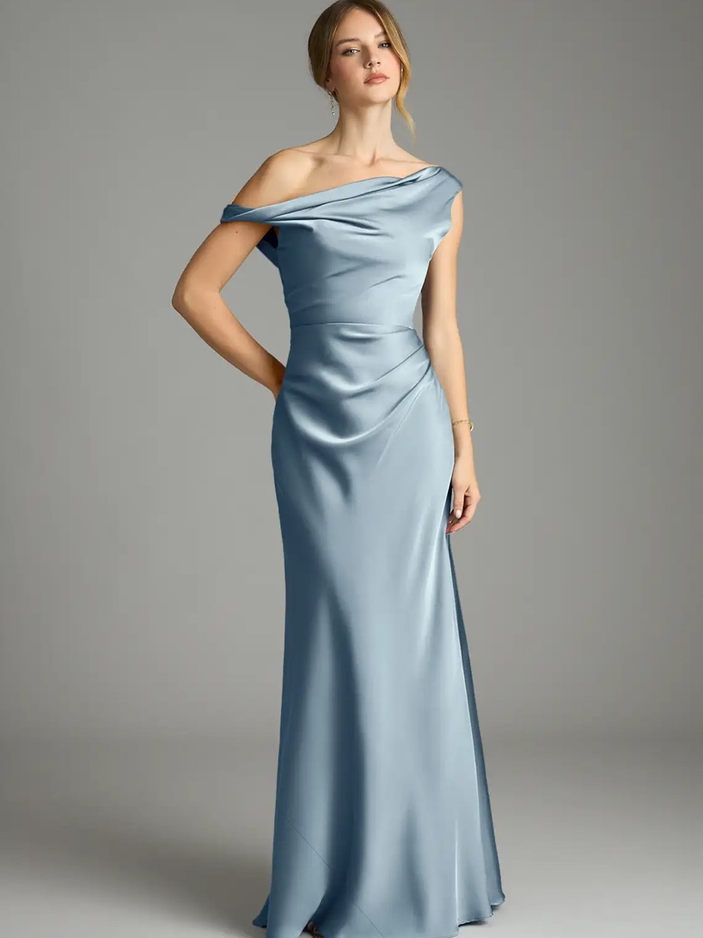 Azazie Satin Off-Shoulder Maxi Gown in Light Blue